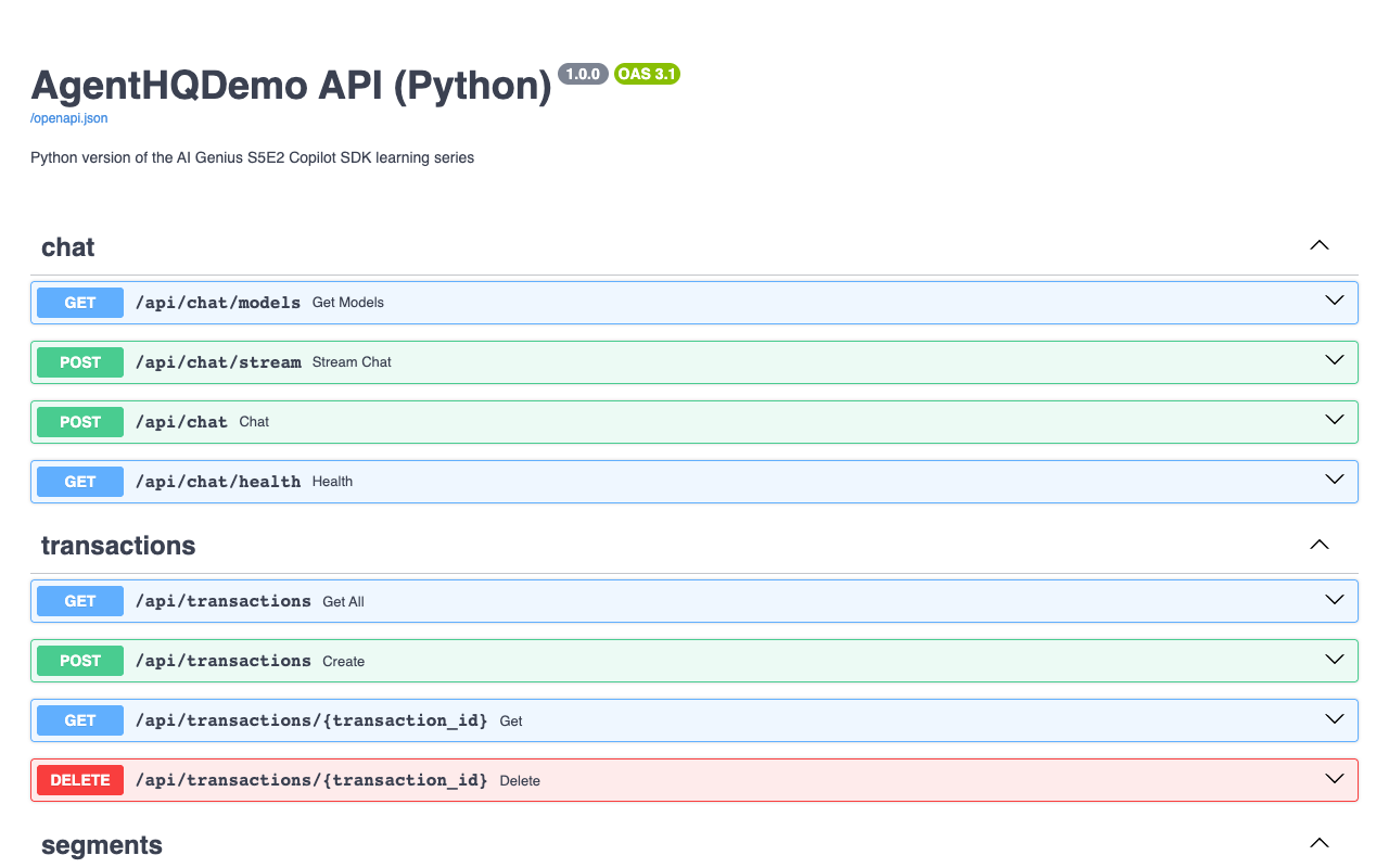 FastAPI的Swagger UI,列出AgentHQDemo API的聊天端點(GET /api/chat/models,POST /api/chat/stream,POST /api/chat,GET /api/chat/health),交易端點,以及段落的開始。