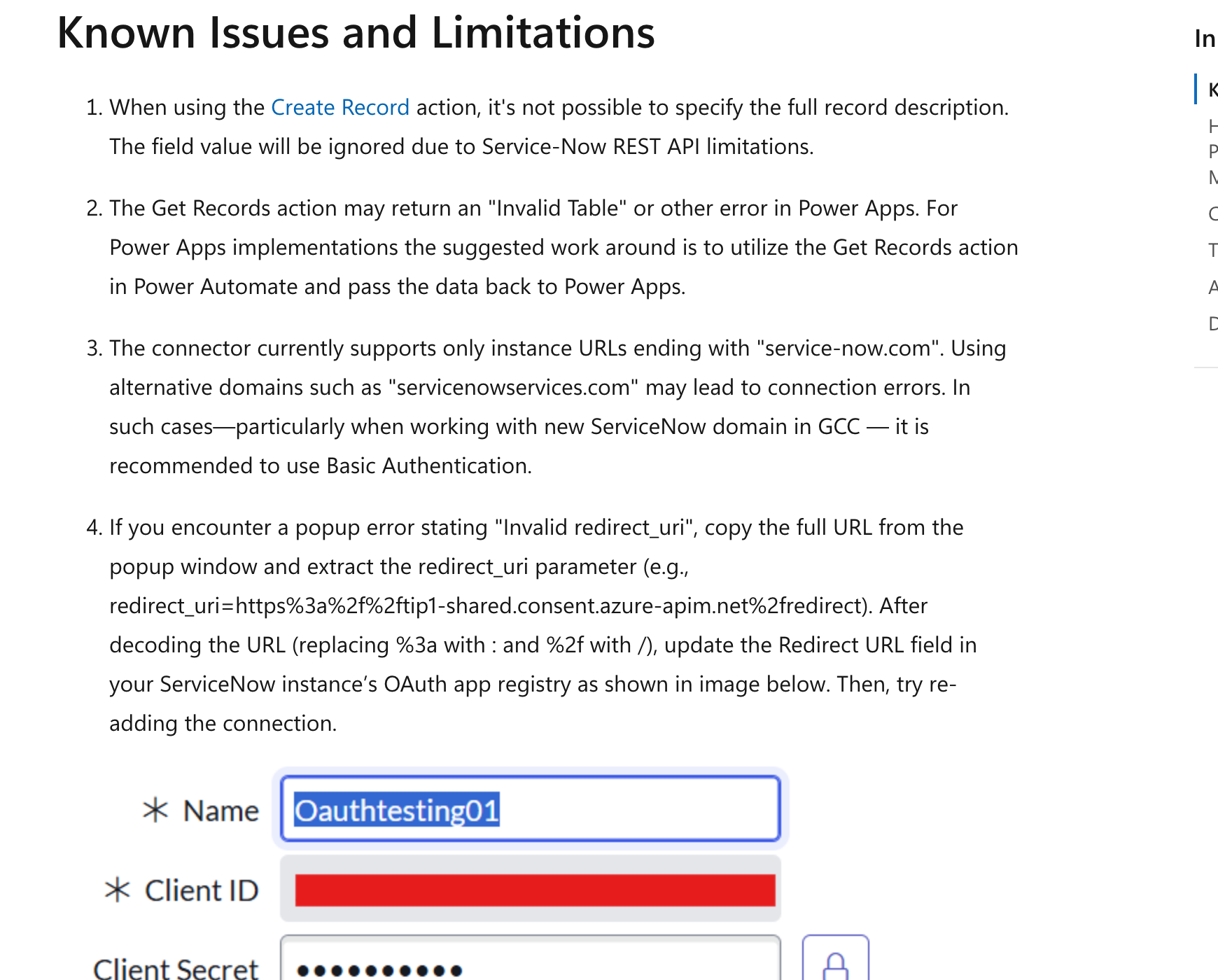Microsoft Learn：ServiceNow 连接器与已知限制