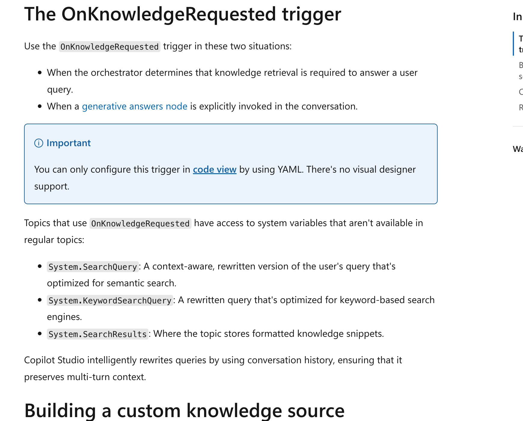 Microsoft Learn: custom knowledge trigger and search result mapping