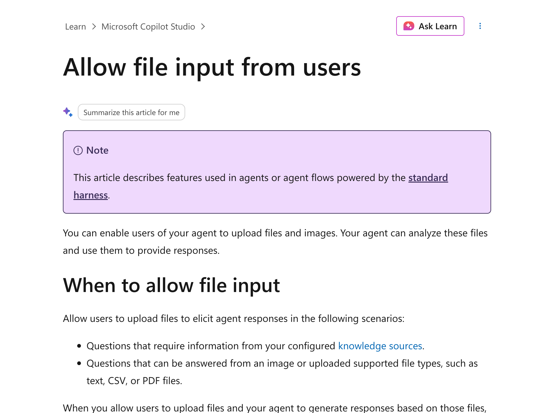 Microsoft Learn: enabling user file input, distinct from author knowledge uploads