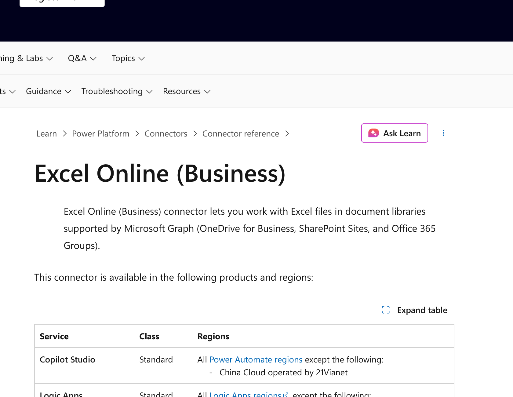Microsoft Learn: Excel Online Business connector